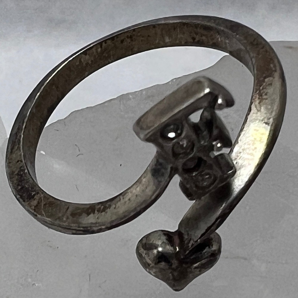 Sterling Silver‎ 925 Initial F Heart Bypass Ring Crystal Accents Size 6 Patina - Picture 4 of 6